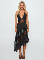 Down With Love Asymmetrical Midi Dress Black / White Polka